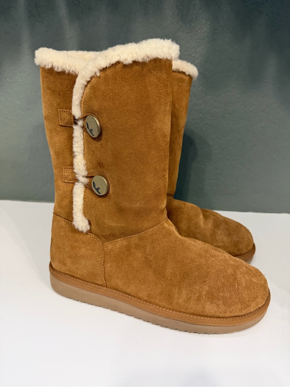 UGG Koolaburra Chestnut Suede Shearling-Trim Button Boots